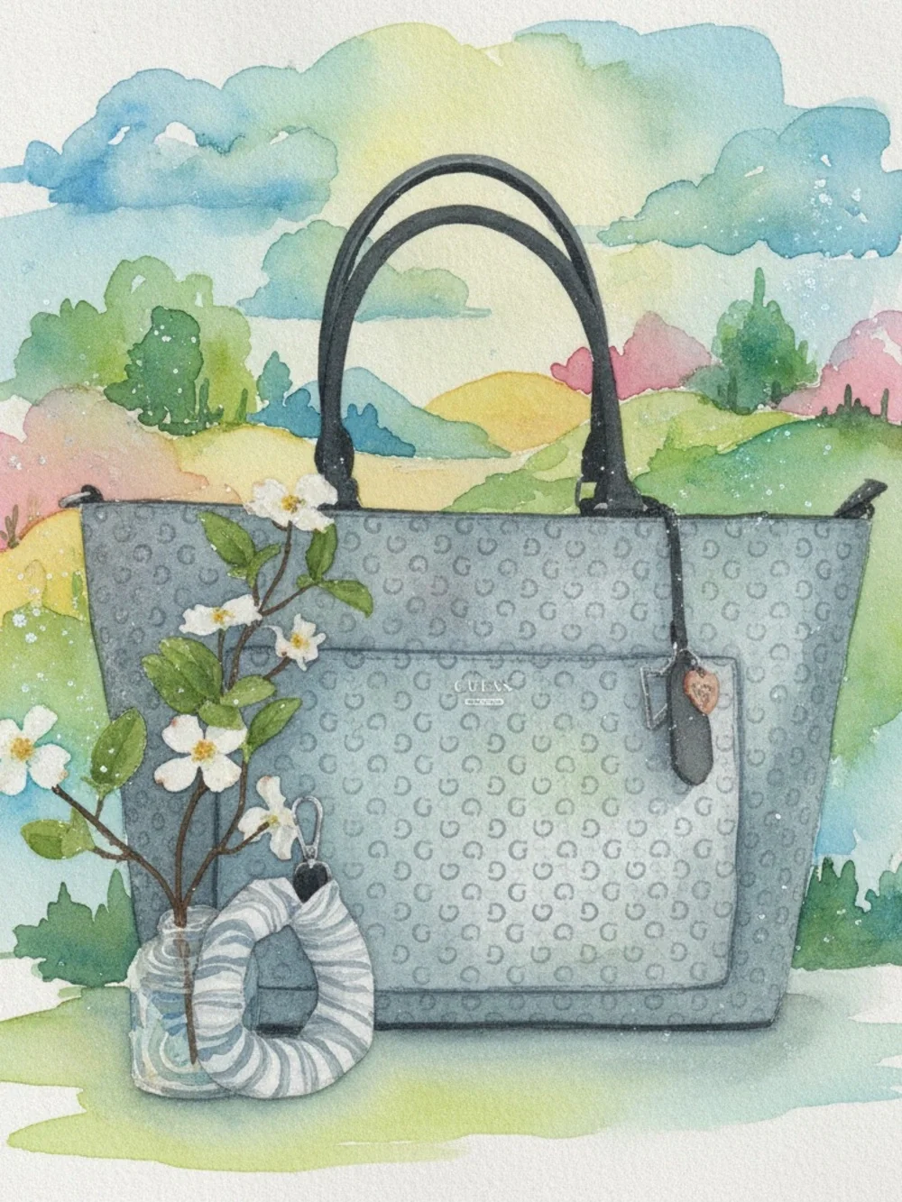 GUESS~ Stylish Large Gray Monogrammed Patterned Tote Bag w/Beige Lining